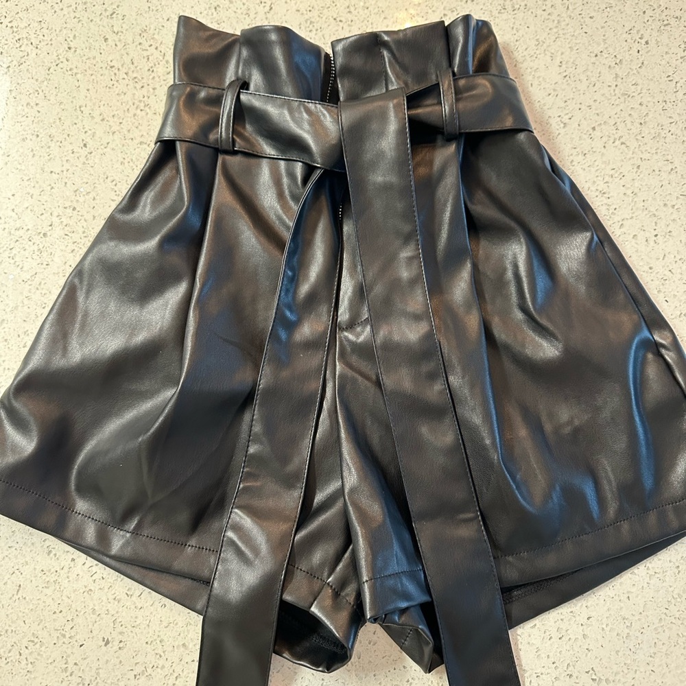 High waisted leather black shorts
